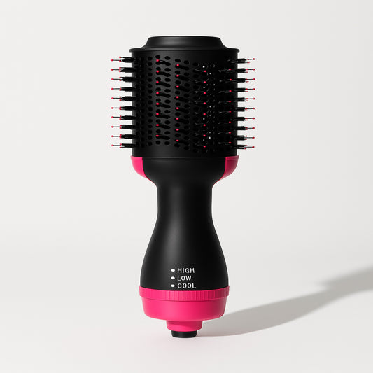 Salon One-Step Hair Dryer & Volumizer Brush | 3 Heat Settings | Hot Air Brush for Smooth Blowouts
A black and pink multifunctional hair styler brush designed for smoothing, curling, and volumizing hair.