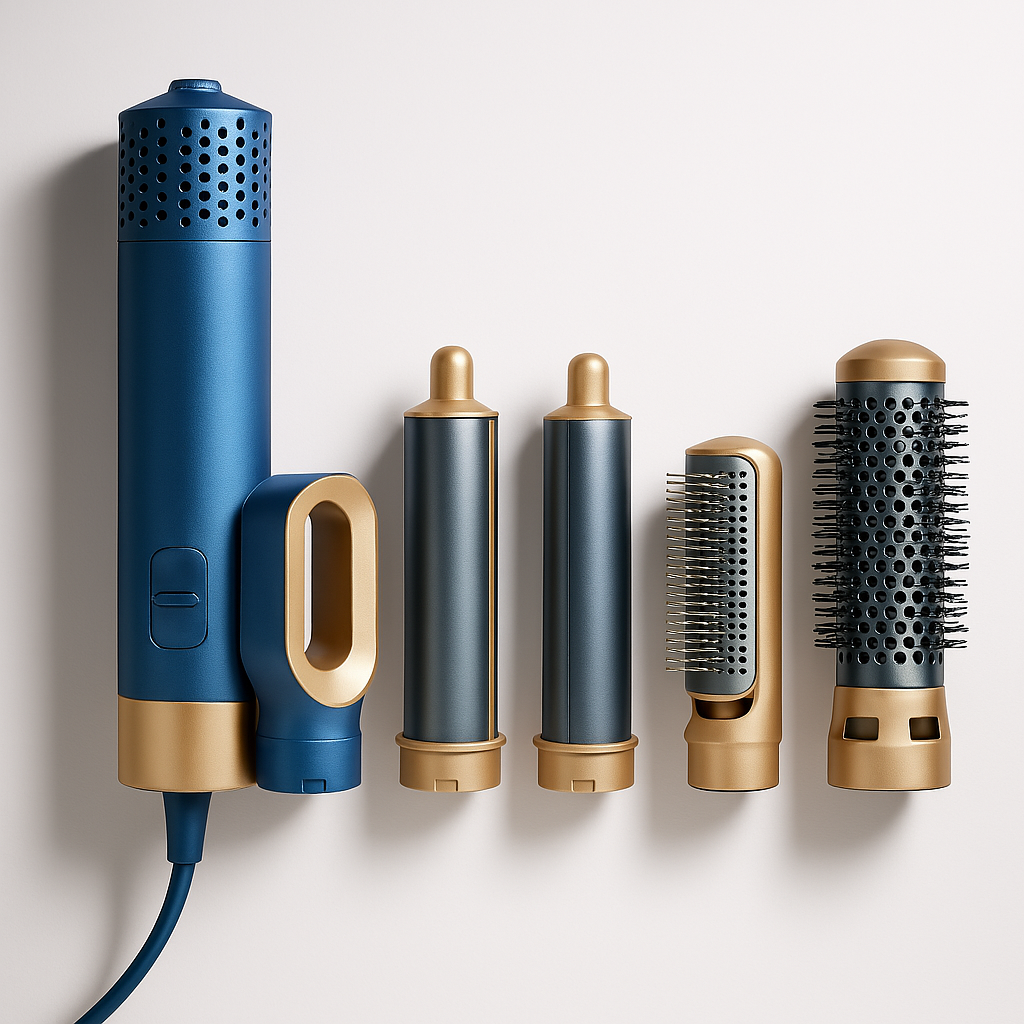 6-in-1 Airwrap Multi-Styler Tool | Curl, Straighten, Volumize & Dry | Blue and Gold Hair Dryer Brush Set for Women