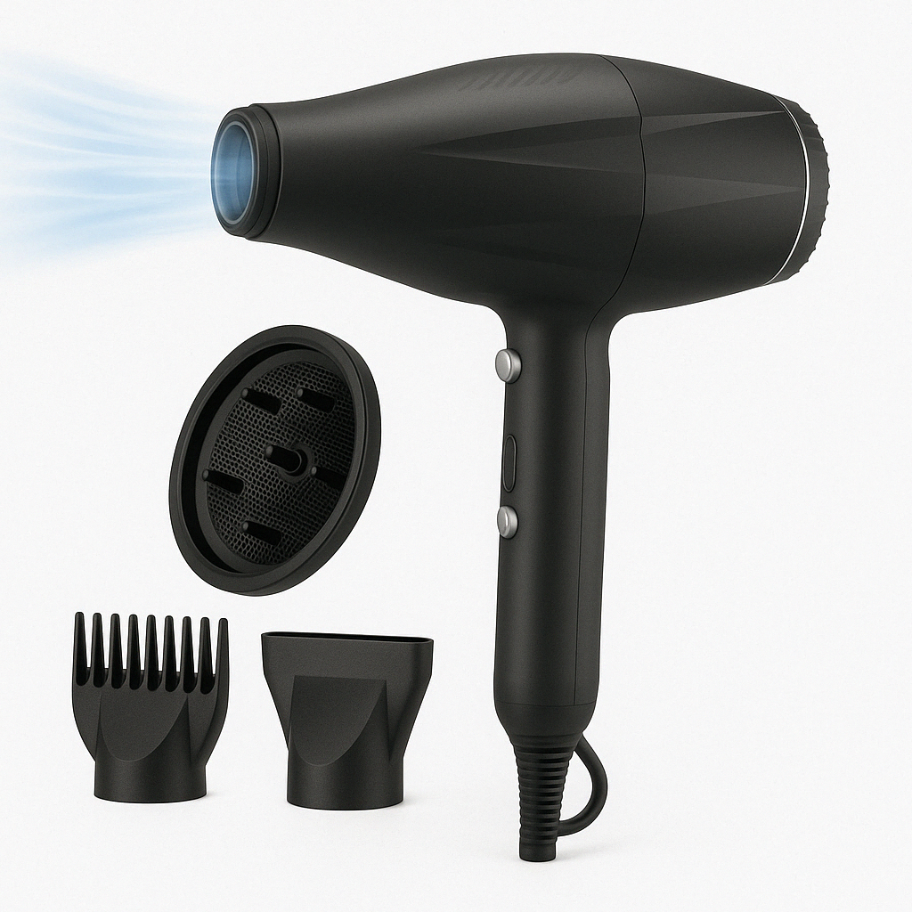 A blue hair dryer with accessories including a round diffuser, a hair comb, and a Concentrator nozzle. The hair dryer is turned on, showing a blue airflow coming out of the nozzle.