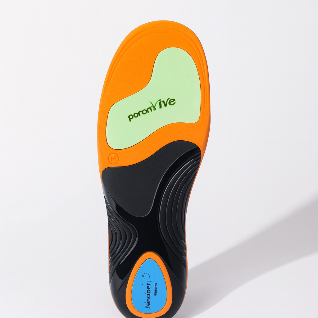 Shoe insole with orange, green, and black design on a white background