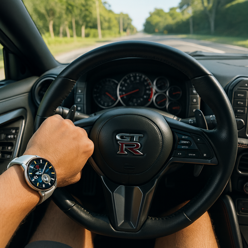 Hand on a steering wheel with a GT-R logo, dashboard view, and road outside.