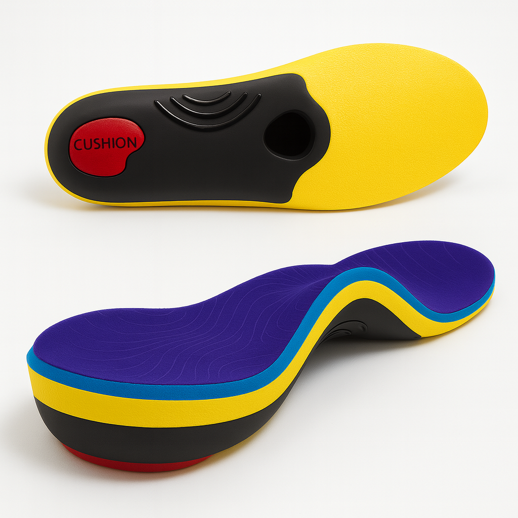 Colorful shoe insoles with a 'CUSHION' label on a white background