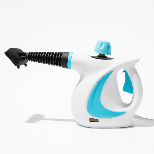 White and blue handheld steamer on a white background