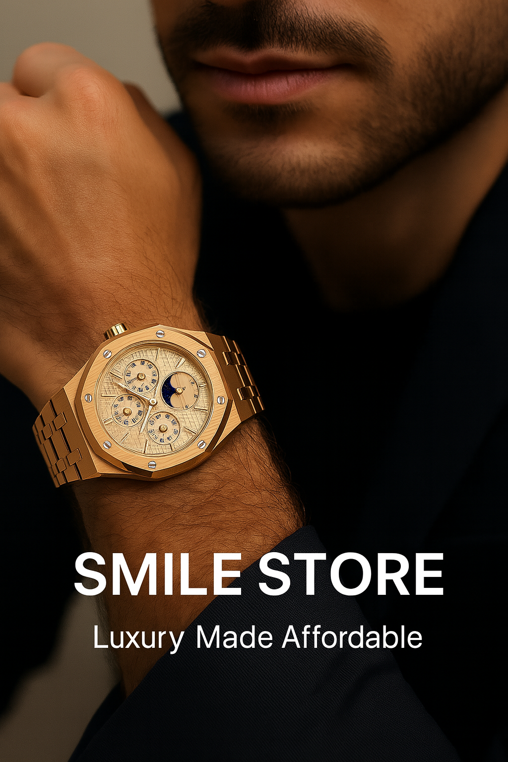 Man wearing a gold wristwatch with 'Smile Store' branding.