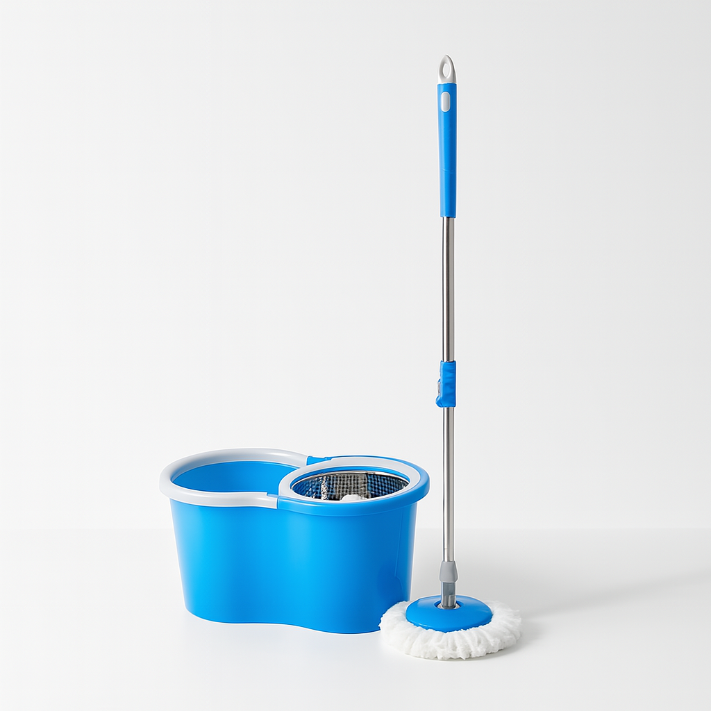 Blue mop and bucket set on a white background