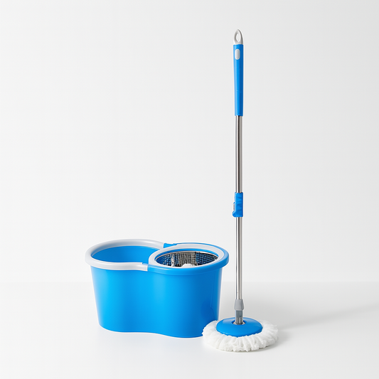 Blue mop and bucket set on a white background