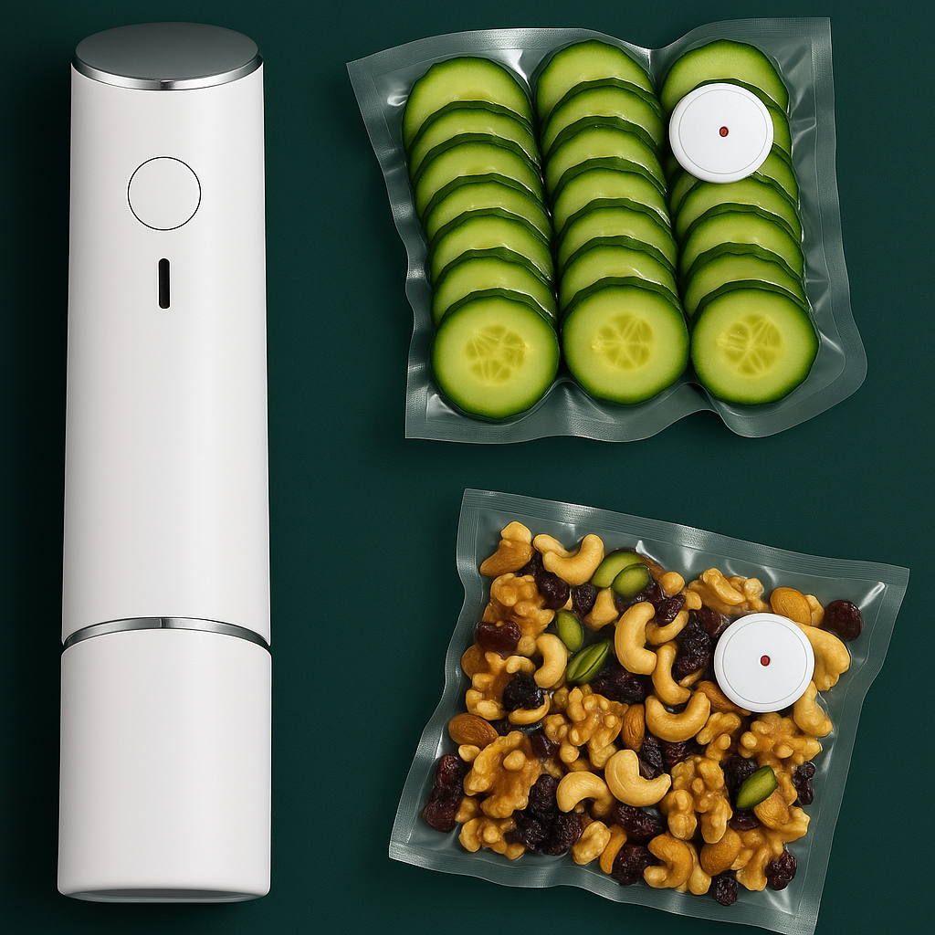 A compact white food vacuum sealer placed next to sealed bags of sliced cucumber and mixed nuts, showcasing the device's purpose and use.