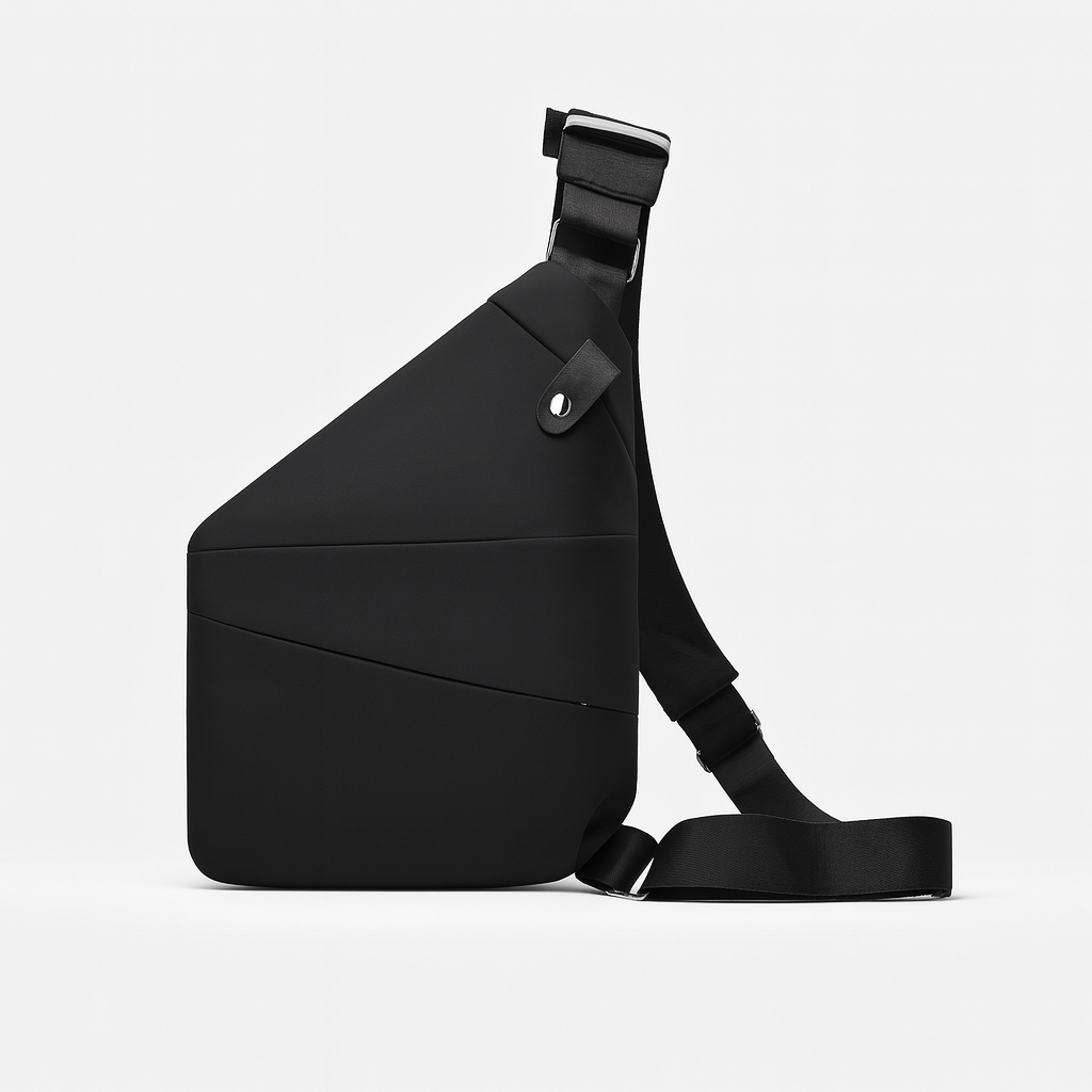 Black sling bag on a light gray background