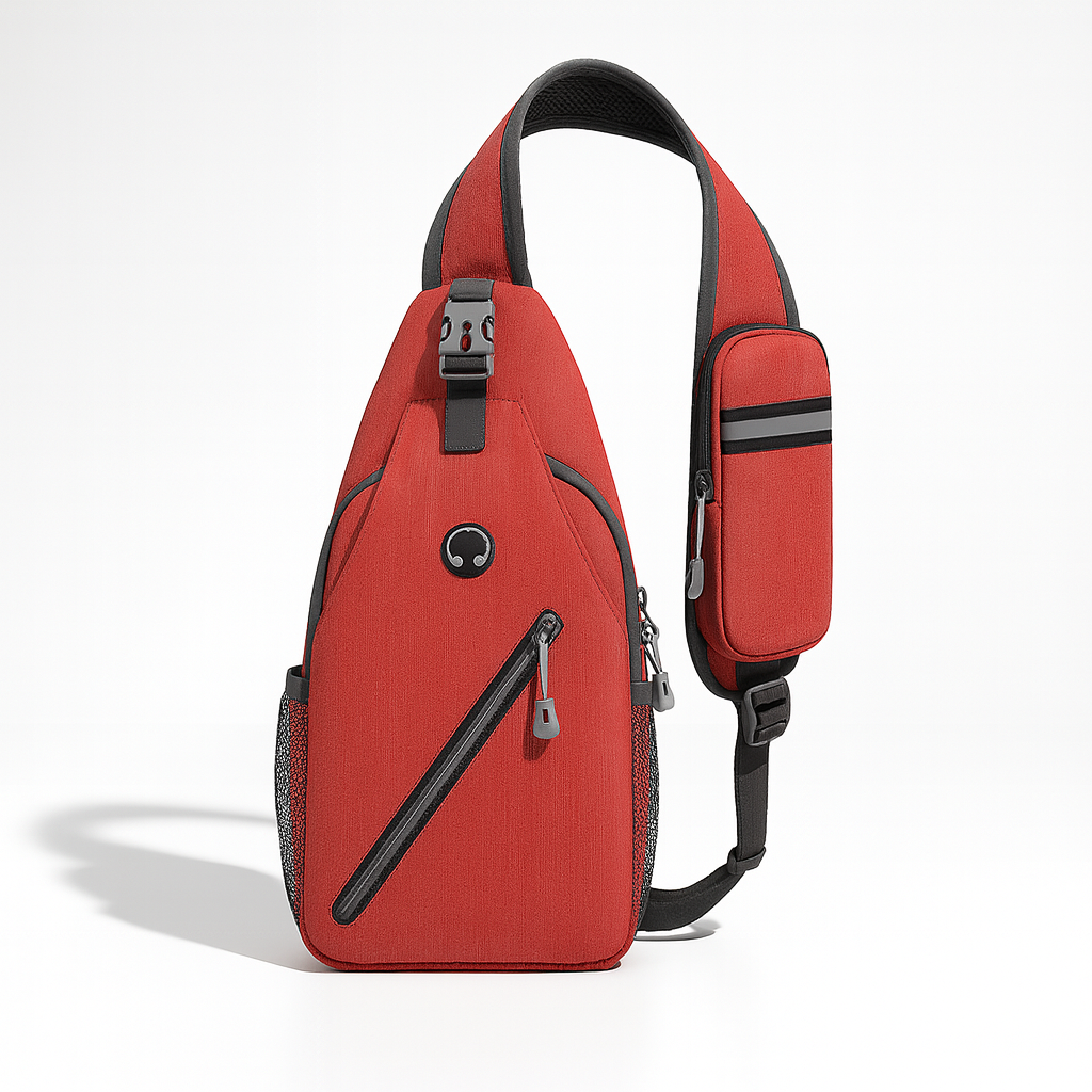 Red sling bag with black accents on a white background