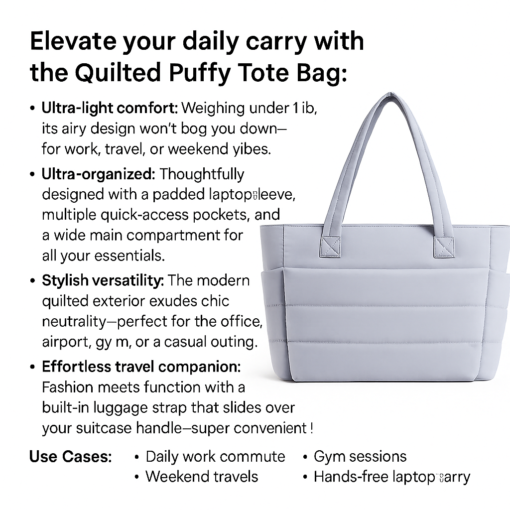 Tote Bag for Women – Lightweight Quilted Puffy Shoulder Handbag for Travel, Work, Gym & Everyday Use