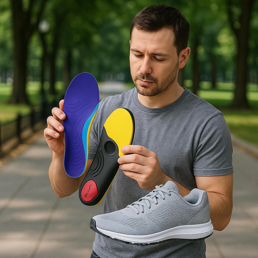 Man holding two shoe inserts, one blue and yellow, one black and red, with a gray sneaker on a park background.