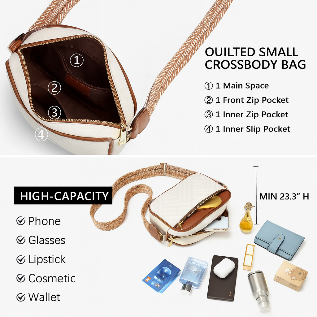 Quilted Crossbody Bag for Women – Stylish Shoulder Purse with Wide Adjustable Strap