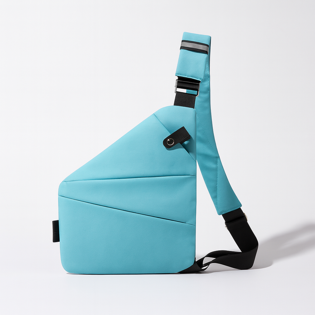 Turquoise sling bag with black straps on a light gray background