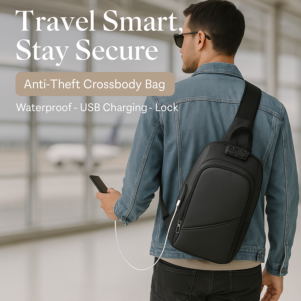 Anti-Theft Cross-Body Charging Bag – RFID-Blocking Travel Sling, Slash-Resistant Messenger Bag Unisex