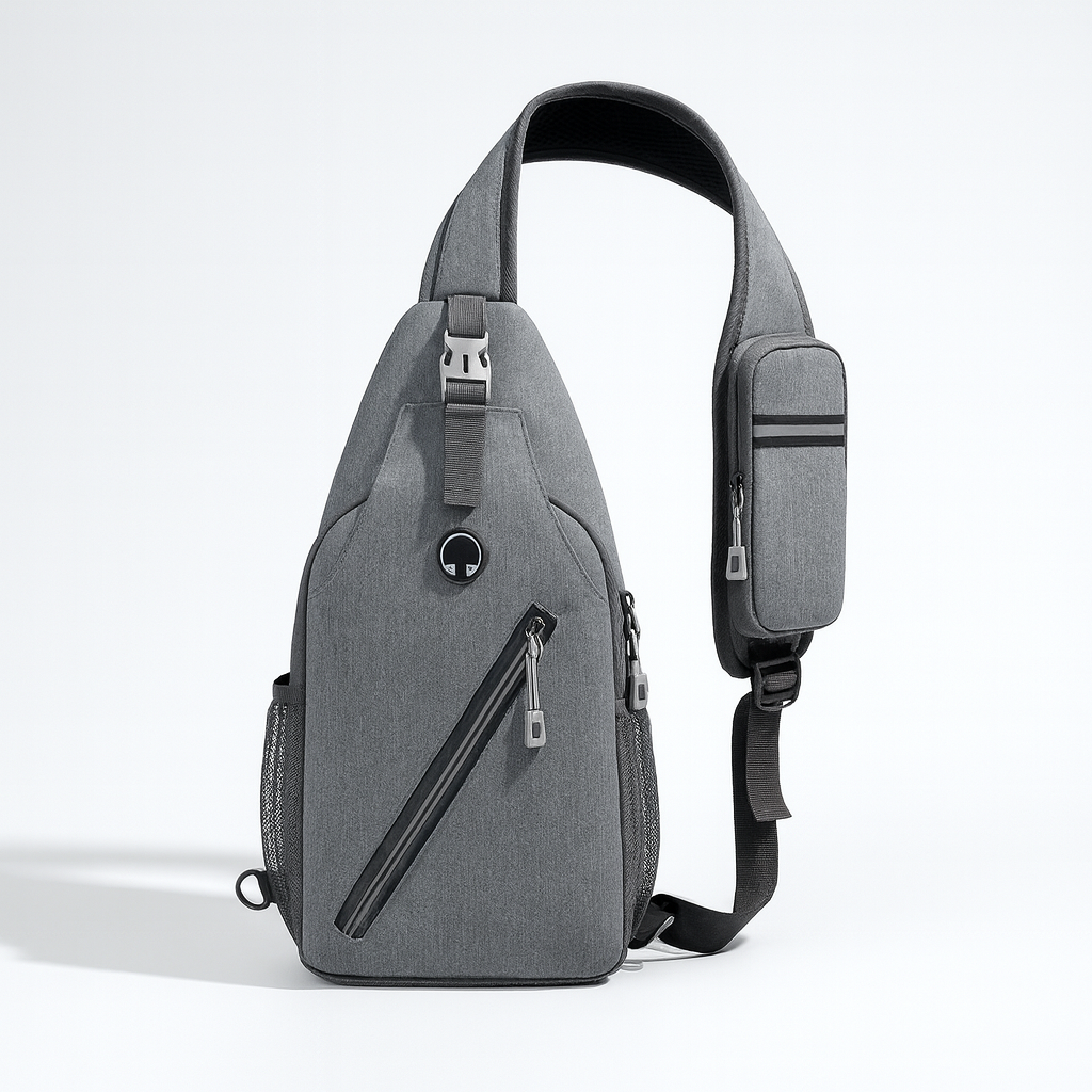 Gray sling bag with zippers on a white background